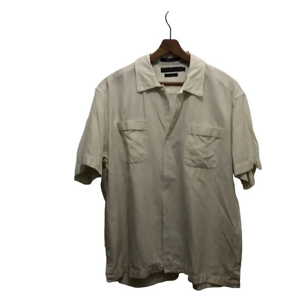 Tommy Hilfiger Mens Cream Short Sleeve Pockets Button Down Shirt Size Large (L)